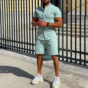 2023 Европейский и американский летний спортивный комплект Мужская модная повседневная однотонная мужская рубашка и шорты Комплект из двух предметов