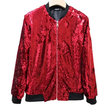 2023 Женская куртка с блестками, повседневная бейсбольная куртка с длинным рукавом и воротником-стойкой на молнии, черные золотые красные серебряные весенние пальто