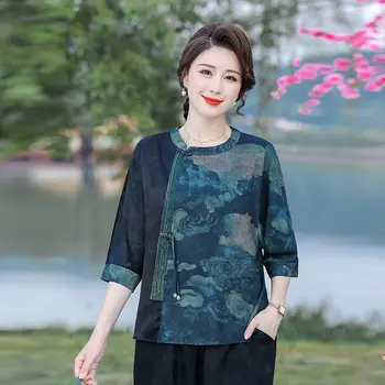 2023 Китайский винтажный костюм эпохи тан, традиционный топ чонсам с цветочным принтом, древняя свободная блузка, женский топ ципао с круглым вырезом, pd