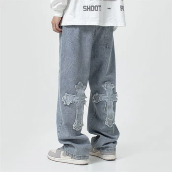 2023 Новые Мужские свободные джинсы в Корейском уличном стиле Хип-хоп, Мешковатые Прямые Широкие брюки, Мужские повседневные брюки, Светло-голубые джинсы 3XL