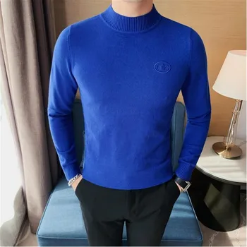 2023 Теплый свитер Мужской с имитацией шеи, тонкая водолазка, однотонный пуловер, мужская мода, утолщающий молодежный пуловер с длинными рукавами