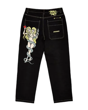 2023 Уличная одежда в стиле хип-хоп, мужские джинсы, модные прямые широкие брюки с дьявольским принтом, низкая талия, повседневные свободные джинсовые брюки в стиле ретро