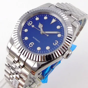 36 мм / 39 мм Автоматические мужские часы NH35 /NH35A Синий циферблат сапфировое стекло Юбилейный браслет рифленый безель светящийся механический механизм