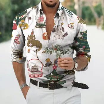 3D Рубашка рождественской серии с длинным рукавом, Гавайская повседневная рубашка с длинным рукавом и пуговицами на лацканах, модная весенне-летняя свободная мужская рубашка с принтом