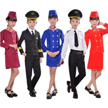 90-160 см Детский костюм для косплея самолета на Хэллоуин, костюм стюардессы, необычная форма пилота, комплект одежды для выступлений для девочек