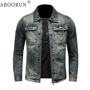 ABOORUN Мужские джинсовые куртки в стиле ретро, мотоциклетные джинсовые пальто, высококачественная верхняя одежда для мужчин