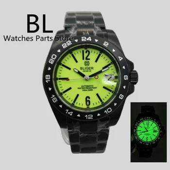 BLIGER Новые мужские часы 40 мм NH35 Механизм с автоподзаводом, механические наручные часы, черный корпус, флуоресцентный Зеленый Белый циферблат, полностью светящийся