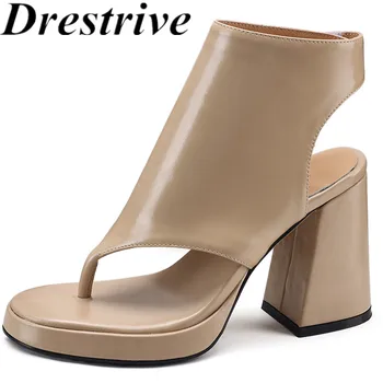 Drestrive 2023, модные женские босоножки, шлепанцы из коровьей кожи, летняя обувь на платформе с круглым носком, на толстом высоком каблуке высшего качества