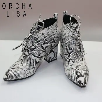 Orcha lisa/ женская обувь из лакированной кожи, Новые ботильоны на высоком каблуке, Женские массивные ботинки на шнуровке, женские ботильоны с принтом змеиного боа