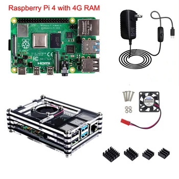 Raspberry Pi 4 Модель B с 1/2 / 4 ГБ оперативной памяти RPI4 Акриловый Корпус Адаптер питания RPI 4B 5V3A Вентилятор охлаждения Алюминиевый Радиатор Опционально