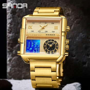 SANDA Люксовый бренд, светодиодные цифровые спортивные часы, модные повседневные золотые наручные часы, мужские военные водонепроницаемые наручные часы из нержавеющей стали
