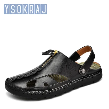 YSOKRAJ, Большие размеры, Мужские сандалии, Летние Дизайнерские римские сандалии на плоской подошве из мягкой кожи на молнии, Пляжная мужская обувь с закрытым носком ручной работы