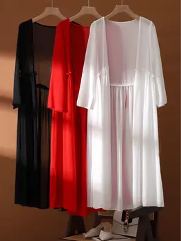 Белая солнцезащитная одежда, женская летняя модная куртка-кардиган из тонкого шифона средней длины