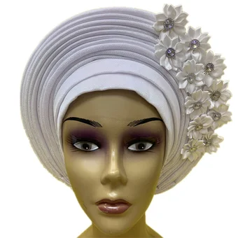 Белый Нигерийский Блестящий Головной Убор Gele Aso Oke Gele Muslim Уже Изготовлен Auto Gele Hijab Aso Ebi Головной Убор Африканский Тюрбан 1 комплект