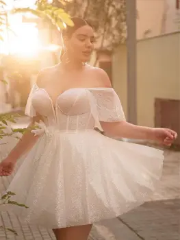 Блестящие короткие свадебные платья для невесты, свадебное платье для гостей большого размера, милая, с открытыми плечами, с оборками, vestidos de novia