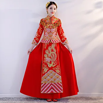 Восточная Азиатская Невеста красота Китайское традиционное Свадебное Платье Женщины Красная Цветочная Вышивка Cheongsam Халат Длинная Вечеринка Qipao стиль