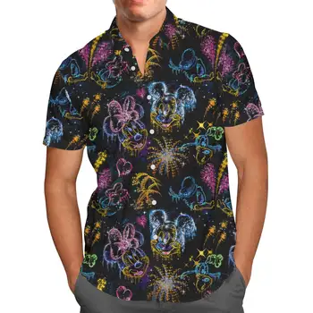 Гавайская рубашка Mickey and Minnie's Love in the Sky В стиле Диснея, Мужская рубашка на пуговицах с короткими рукавами, Мужская Повседневная Пляжная рубашка