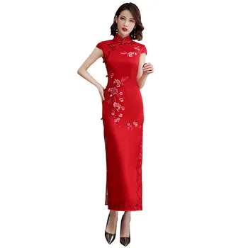 Длинный Чонсам с шелковой вышивкой 2023, Новый Кружевной край, Улучшенные вечерние платья в китайском стиле Ципао, Женское платье для церемонии