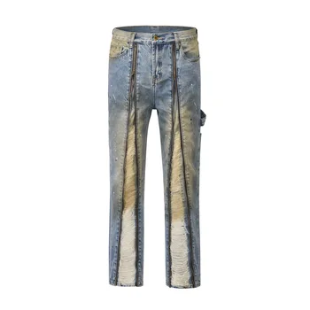 Европейско-американские брюки-карго для хай-стрит, мужские винтажные джинсы на молнии с выбеленными отверстиями, открытые повседневные джинсы в народном стиле полной длины