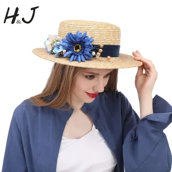 Женская летняя шляпа от солнца из 100% пшеничной соломы, женская пляжная шляпа-канотье с широкими полями и большим цветком ручной работы, размер 56-58 см