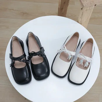 Женская обувь mary jane с кисточками и бантом; 2021 г.; однотонные эспадрильи на плоской подошве с бахромой; мокасины-оксфорды с квадратным носком; лоферы с крючком и петлей