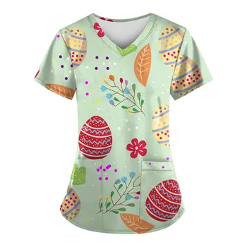 Женская униформа медсестры, Женский Пасхальный день, мультяшные яйца С принтом, Короткий рукав, V-образный вырез, Рабочая Медицинская блузка для медсестер, спецодежда, униформа
