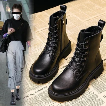 Женские ботинки, осенне-зимние высокие Армейские ботинки, женская обувь на платформе, женская обувь на шнуровке, зимние байкерские ботильоны, женские военные ботинки