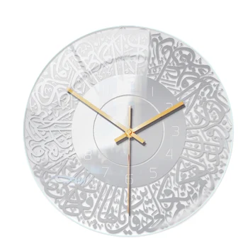Исламские кварцевые акриловые настенные часы с маятником, искусство украшения мусульманской гостиной, Подвесные настенные часы в помещении (серебро)
