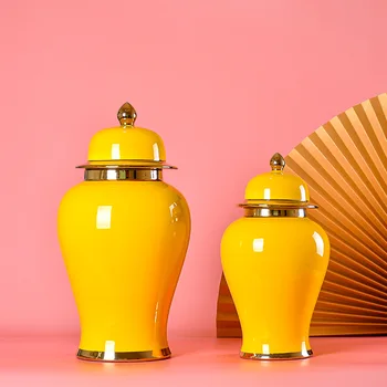 Китайские желтые декоративные украшения в виде банок, Керамическая роскошная ваза, Бытовая универсальная банка для хранения, Свадебные украшения, украшения