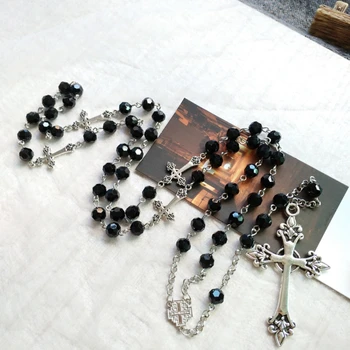 Классическое ожерелье с четками из черного хрусталя, прочный сплав, длинная подвеска в виде креста, Украшения, Подарки для бойфренда Оптом и в розницу