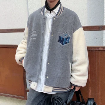 Корейская трендовая бейсбольная куртка Большого размера, зимняя теплая шуба из искусственного меха ягненка, зимняя флисовая Университетская бейсбольная куртка, мужская уличная одежда