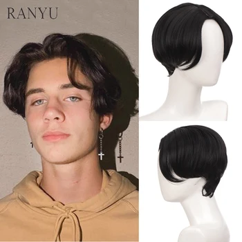 Короткий мужской парик RANYU, синтетическая прямая средняя часть, натуральные Натуральные черные волосы, высокотемпературное волокно для ежедневного косплея на вечеринках