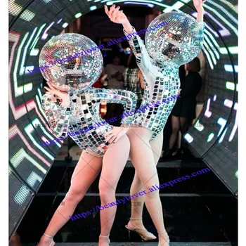 Космический зеркальный шлем для косплея, костюм для показа моделей на подиуме, одежда для танцев, шляпа со стеклянным шаром, светящаяся светодиодная ткань для выступлений