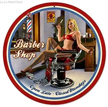 Круглая жестяная вывеска Pinup Girl Barber Shop 12 