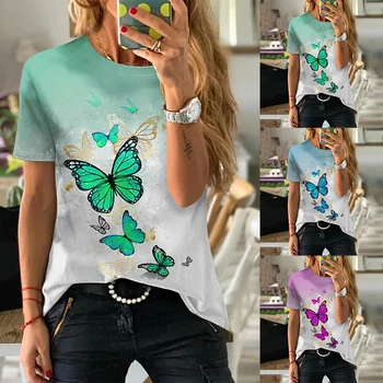 Летние женские футболки с 3D принтом бабочки 2022, женский пуловер с круглым вырезом, повседневная модная уличная одежда, пуловер нового дизайна