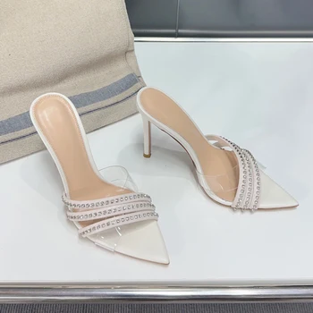 Летние Новые женские туфли-лодочки на высоком каблуке роскошного бренда с прозрачным бриллиантовым острым носком, элегантные женские туфли-лодочки 10,5 см