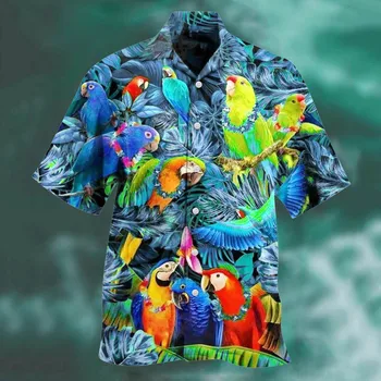 Летние Новые Мужские Гавайские рубашки С Принтом Попугая, Рубашки С V-образным вырезом Для Мужчин, Топы на пуговицах С коротким рукавом, Уличная Трендовая Мужская одежда