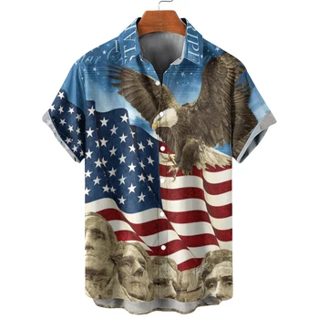 Летний мужской быстросохнущий дышащий кардиган с коротким рукавом, 3D печать, американский флаг, орел, пуговица на лацкане, повседневная мужская гавайская рубашка