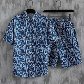 Летний новый модный мужской костюм 2023 года, гавайская рубашка с короткими рукавами и шорты, повседневная рубашка с принтом, пляжный костюм-двойка, одежда