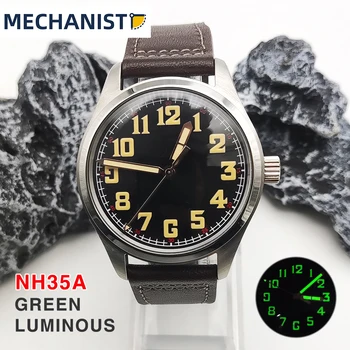 Механические - 40-миллиметровые винтажные мужские часы с автоматическим управлением NH35, Авиаторский кожаный ремешок, матовый водостойкий корпус 316L, C3, светящийся