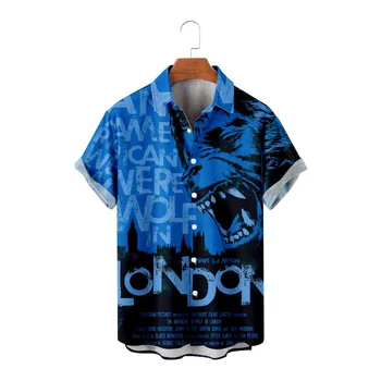 Мужская рубашка большого размера с 3D принтом Король Лев Голубая Гавайская рубашка Летний Повседневный Пляжный топ с коротким рукавом