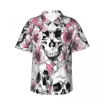 Мужская рубашка, повседневные топы с черепом и розово-вишневыми цветами, рубашка с лацканами, летняя мужская рубашка
