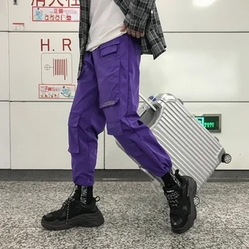 Мужская уличная одежда, брюки-карго 2023, комбинезон, Мужские мешковатые штаны для бега в стиле хип-хоп, шаровары с карманами, фиолетовые спортивные штаны в Корейском стиле