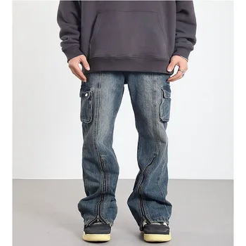 Мужские джинсы с множеством карманов, винтажные свободные джинсовые брюки-карго, расклешенный низ на молнии, джинсовые брюки унисекс