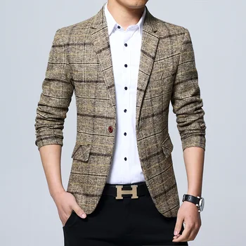 Мужские костюмы Корейская мода Мужская одежда Повседневный весенний мужской костюм в клетку Корейский стиль Тонкий клетчатый пиджак Деловая одежда