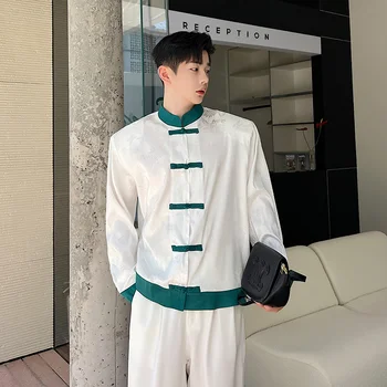 Мужские повседневные рубашки SYUHGFA, высококачественные топы с длинными рукавами и воротником-стойкой в китайском стиле, модный мужской кардиган в стиле пэчворк контрастного цвета