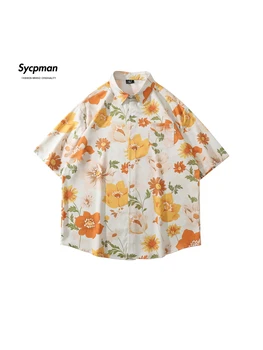 Мужские рубашки с короткими рукавами в стиле ретро с растительным цветочным принтом Sycpman, трендовая свободная одежда для пары, гавайская повседневная рубашка на лето