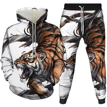 Мужские спортивные костюмы с 3D-принтом животных с рисунком тигра, повседневная толстовка и брюки, комплекты из 2 предметов, толстовка оверсайз, модная мужская одежда