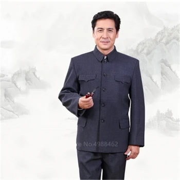 Мужской классический китайский костюм-туника, ретро Восточный повседневный тонкий пиджак + брюки, деловой костюм с воротником-стойкой, однотонный комплект Zhongshan