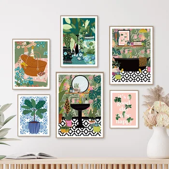 Настенное искусство в стиле джунглей в стиле бохо, тропическое ботаническое растение, растительная плитка, холст, плакат в скандинавском стиле и настенные картины для декора ванной комнаты